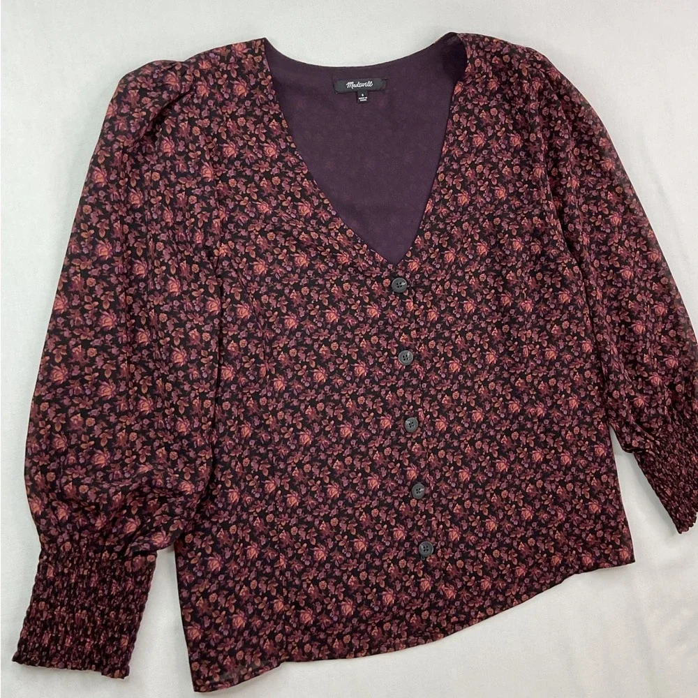 Madewell Top Sz 6 Floral V-Neck Button Front Puff Sleeve Blouse Burgundy Plum